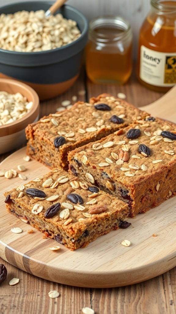 Healthy Oat Slice Recipe Nutritious oat slice with nuts and dried fruits on a wooden cutting board.